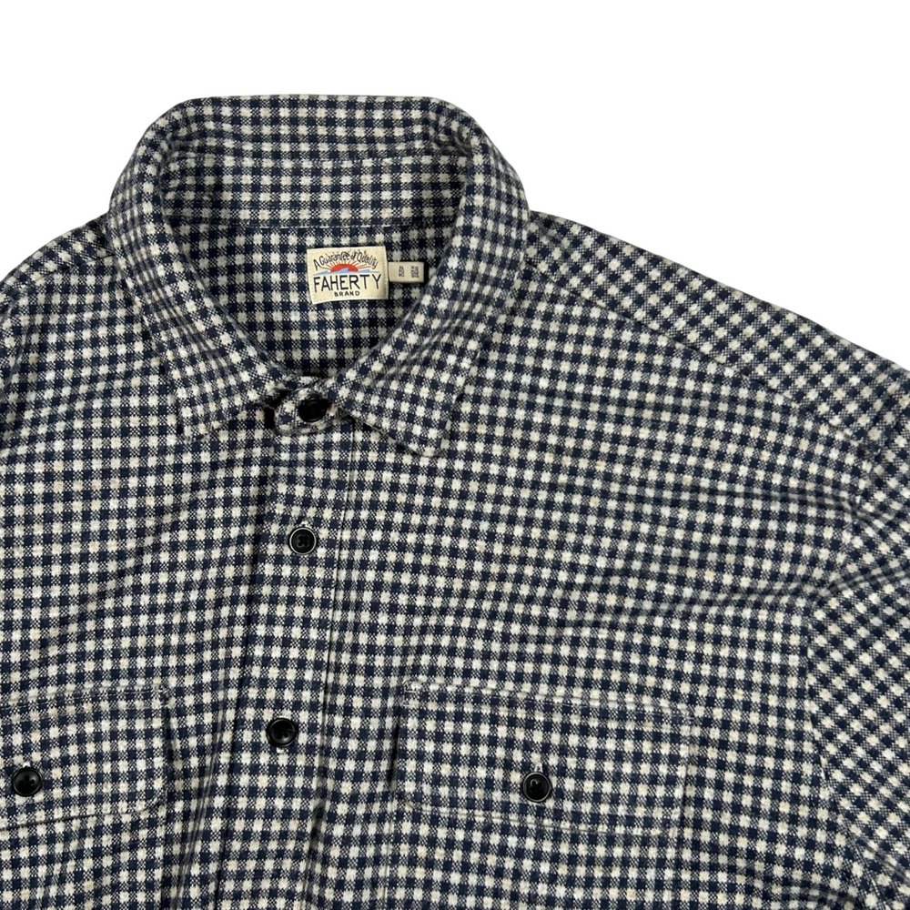 Faherty Brand Mens XL Gingham Knit Button Down Shirt Navy Blue Stretch REPREVE